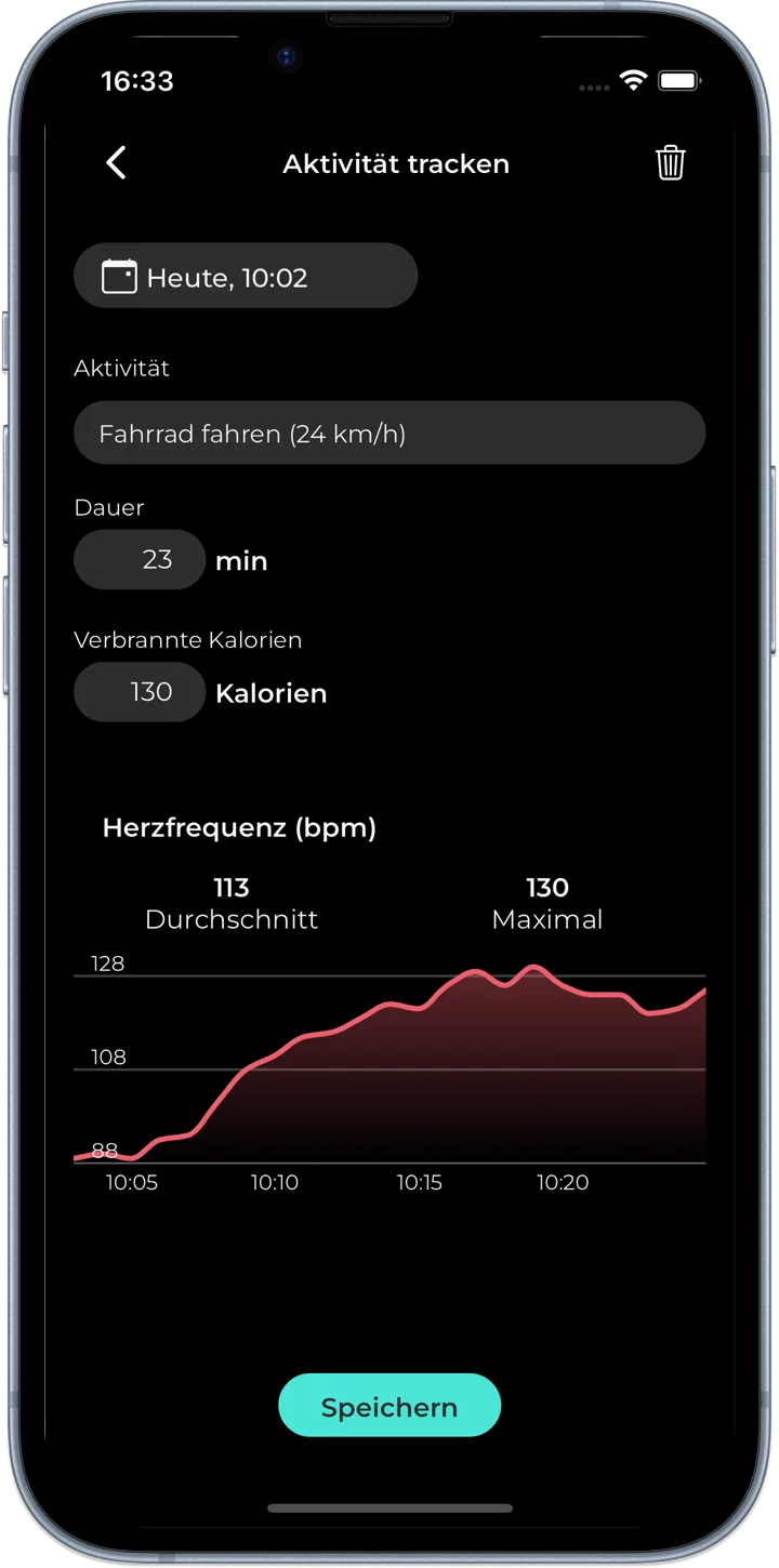 Dokumentierte Aktivität mit Herzfrequenzverlauf in Dennis Kolweys App