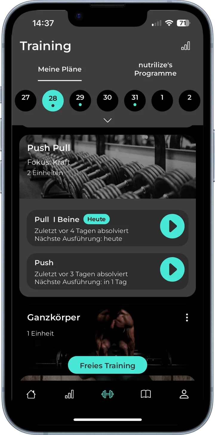 Trainingsplan mit klaren nächsten Einheiten in Dennis Kolweys App